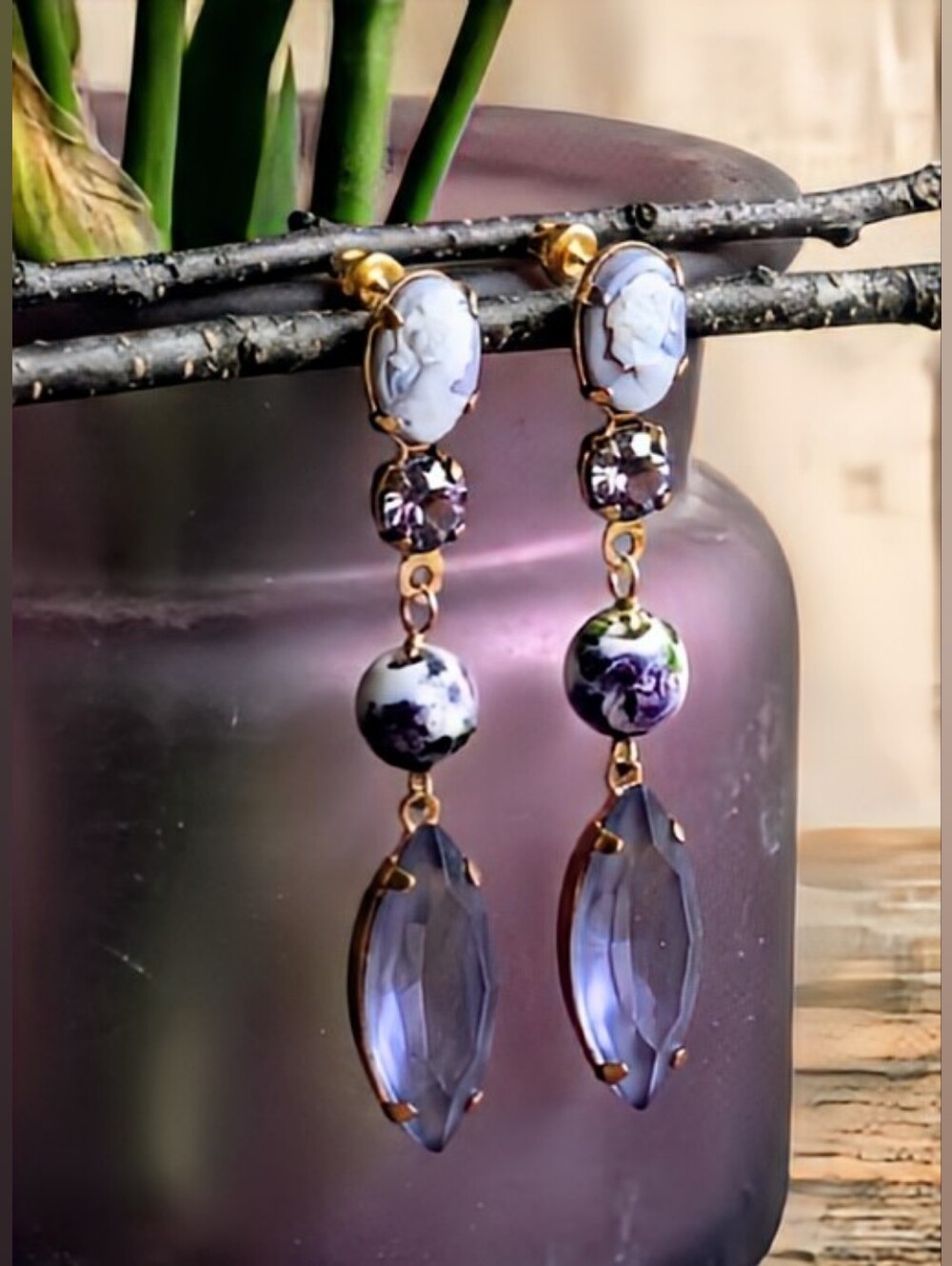 Victorian Lavender Swarovski Crystals Cameo in Gold Plated Artisan-Made Earrings